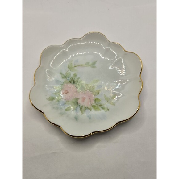 Pink Roses Hand Painted Hand Made Porcelain Trinket Tray 1999 14K Lined Signed - Picture 3 of 9